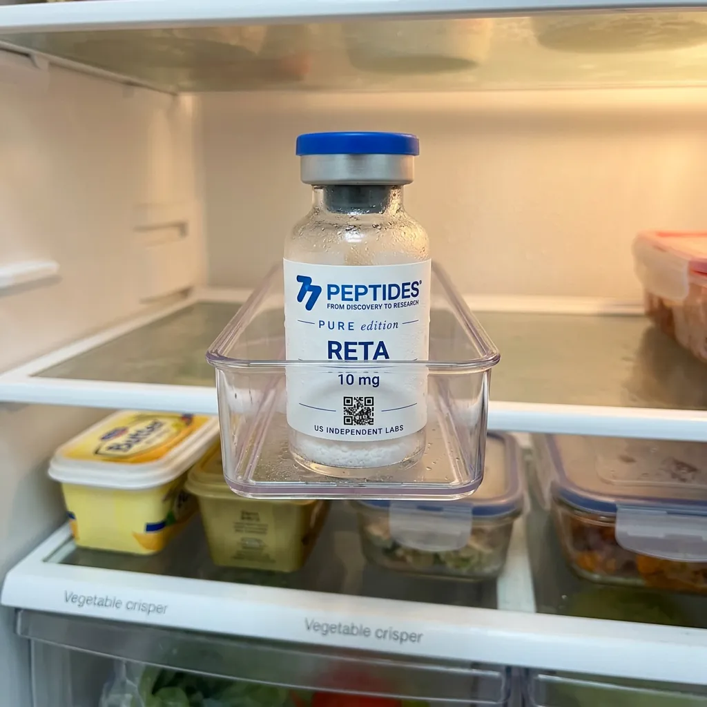 Illustrative 77 Peptides Reta vial in a home refrigerator