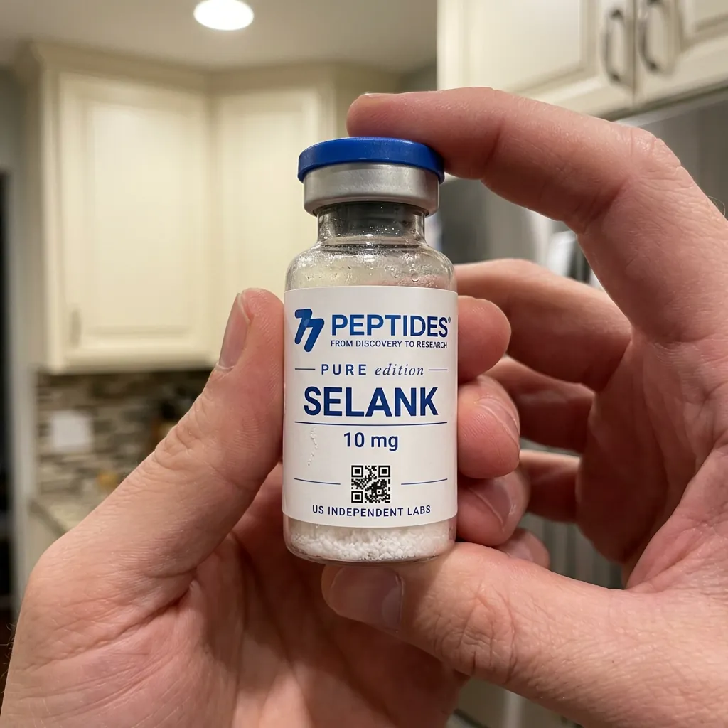 Illustrative 77 Peptides Selank vial held at home