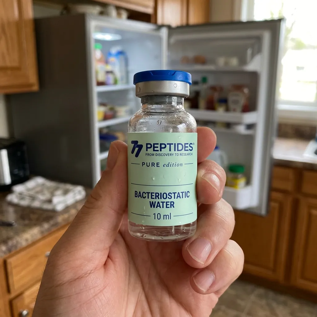 Illustrative 77 Peptides Bacteriostatic Water held in a home kitchen