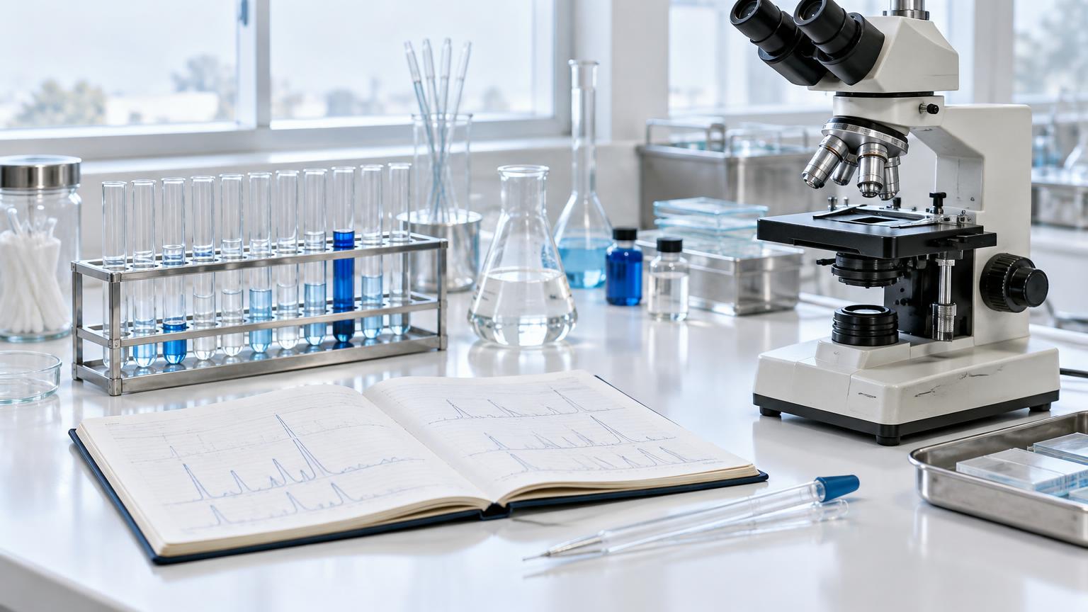 Illustrative recreation of a 1977-era peptide research laboratory with microscope, glass test tubes and research notebook
